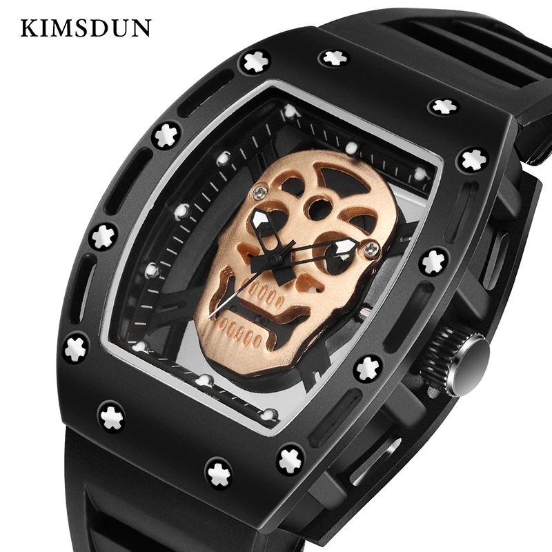 

KIMSDUN Fashion Mens watch Skeleton Skull Luminous Quartz Watches Military Style Silicone Barrel Shape Dial Wristwatch For Man