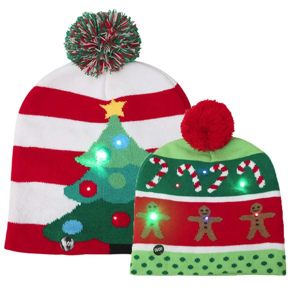Светодиодные рождественские мужские вязаные зимние шапочки, женские шапки с помпоном в виде рождественской елки, Детские теплые короткие шапочки для девочек и мальчиков, Мягкие Шапки