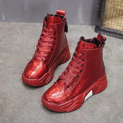 Г., новая дизайнерская обувь женские кроссовки из металлизированной кожи, кроссовки на платформе, Повседневная дышащая женская обувь на массивном каблуке ботильоны, P119 - Color: red leather