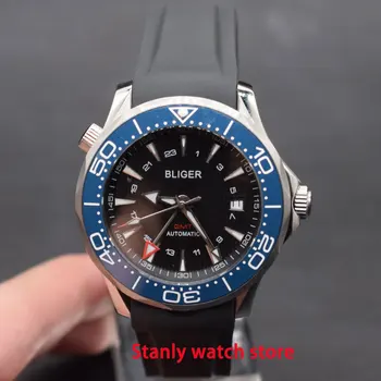 

Solid Bliger 41mm black dial luminous marks blue ceramic bezel GMT function sapphire mechanical movement men's watch