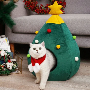 

Cute Christmas tree Shape Cat Dog House Soft Cozy Foldable Winter Warm Kitty Cave Animals Puppy Sleeping Mat Bed New Year Gifts