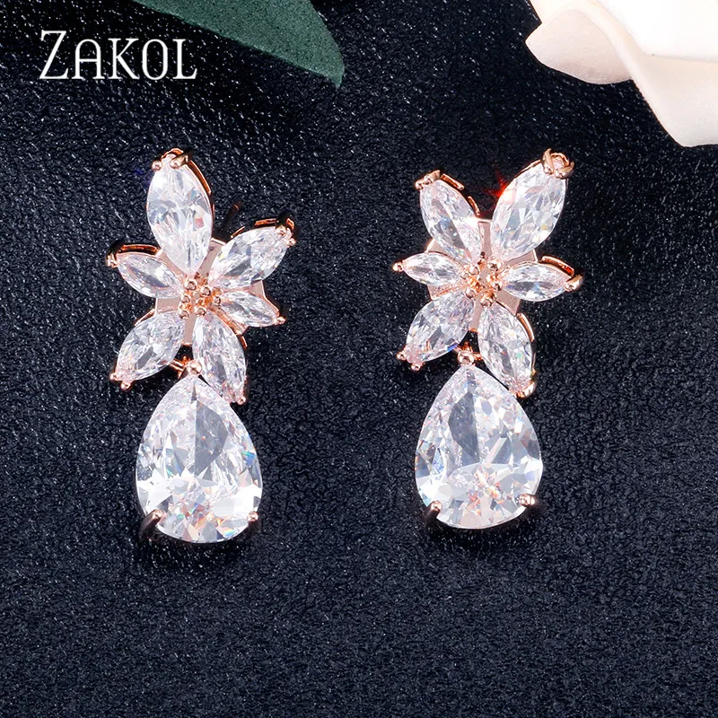 Rose Gold Color 4 ZAKOL, модные, листовой циркон, висячие серьги для женщин, белое золото, цвет кристалл, свадебные серьги, свадебные ювелирные изделия, подарок brinco FSEP167A - Окраска металла: Rose Gold Color 4