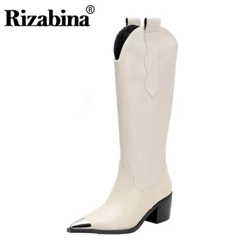 

RIZABINA Cowboy Genuine Leather Knee High Boots Pointed Toe Square Heels Shoes Autumn Winter Warm Women Footwear Size 33-40