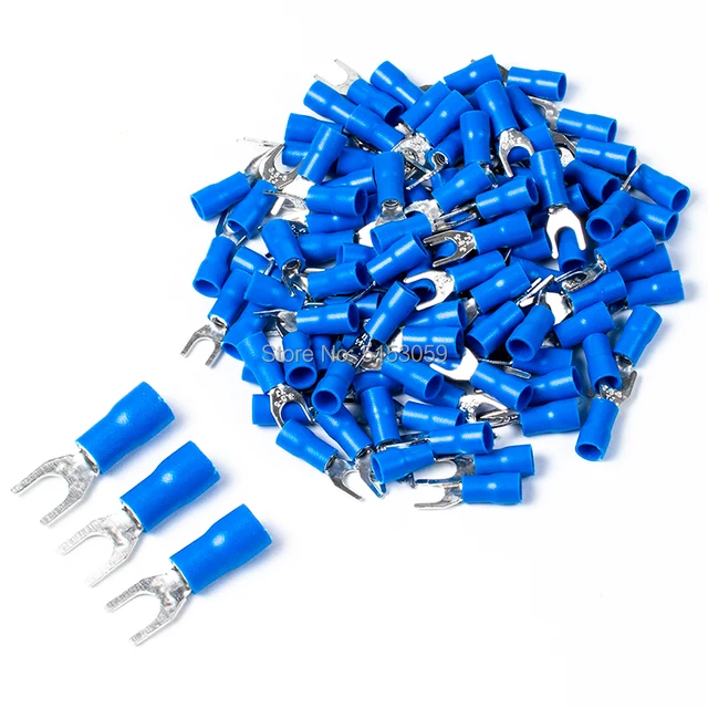 100Pcs SV series Fork Insulated Electrical Wire Crimp Terminals A.W.G 14-12 spade terminals Crimp Wire Connectors Blue