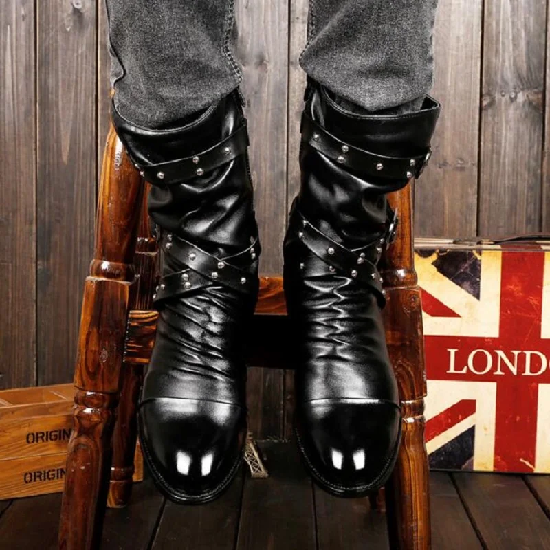 Spring Autumn Winter Pointed Toe Rivet Buckles Men Equestrian Boots Mid-Calf High Top Male Warm Punk Motorcycle Boots 190906