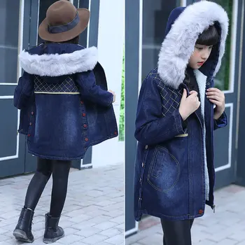 

Children 's Denim Jacket 2020 New Fleece Thickened Genuine Fur Collar Denim Medium and Large Children 's Autumn and Winter Trenc