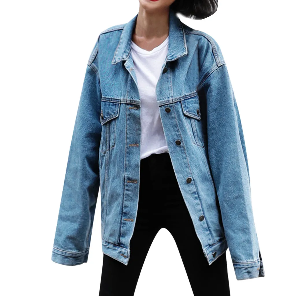 Women Plus Size Denim Jacket Loose Long Sleeve Jeans Coat Retro Cowboy Denim Loose Casual Jacket Loose BF Wind Denim Jacket
