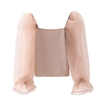 

New 2020 Women sweet organza puff sleeve patchwork casual slim knitting smock blouse ladies chic ruffles thin shirts tops LS6608