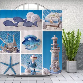 

Cartoon Shower Curtain Collage of Photos with Marine Life Decoration Kids Bathroom Waterproof Polyester Fabric Home Bath Decor