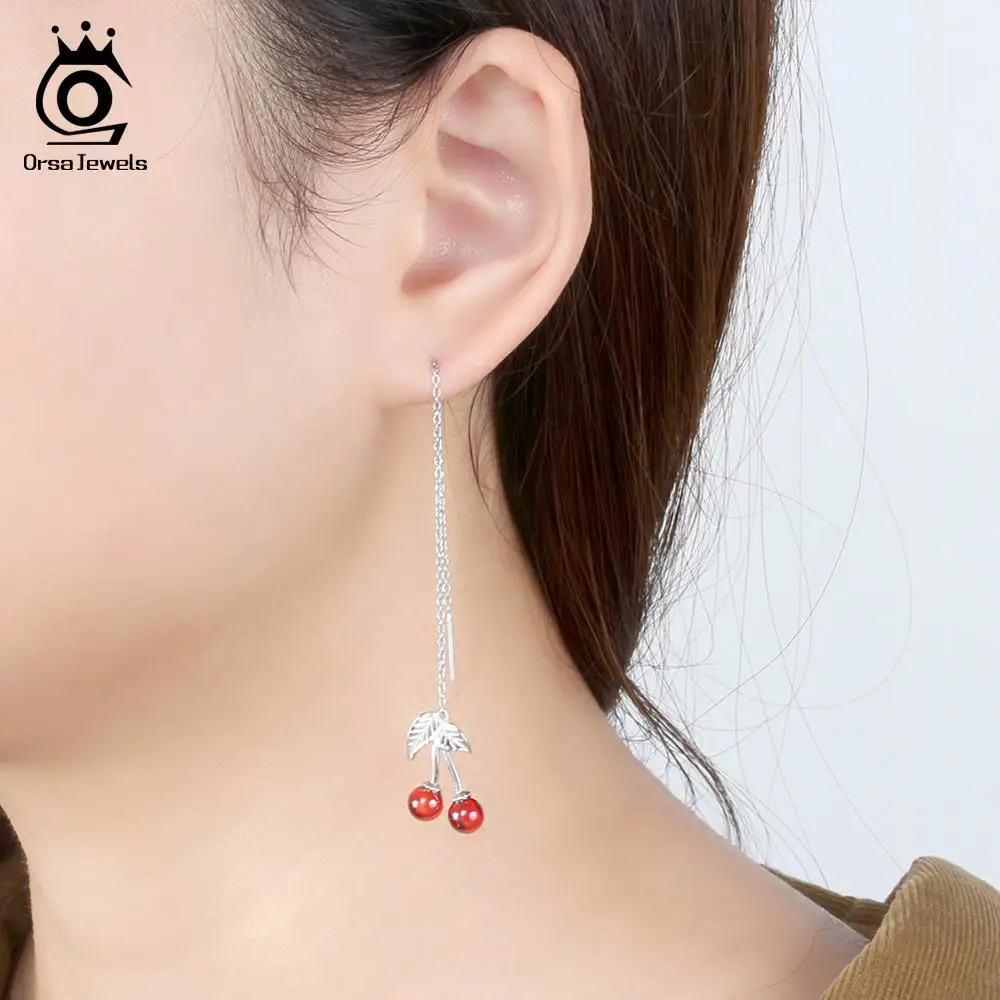 ORSA JEWELS Настоящее 925 пробы серебряные женские висячие серьги длинная цепочка Вишневый узор гранат женские вечерние романтические ювелирные изделия SE100