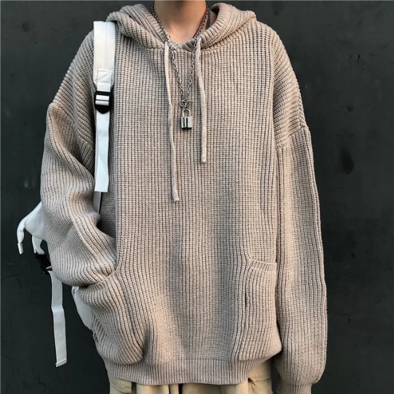 

Pocket Hooded Sweater Men's Fashion Solid Color Casual Knit Pullover Men Streetwear Loose Knitting Sweaters Male Sweter Clothes