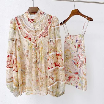 

Womens High Quality Real Silk Blouses Shirts 2020 Autumn France Fashion Lace Patchwort Elegant Loose Tops