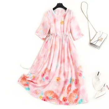 

Women plus size ramie linen dress summer 2020 short sleeve drawstring lace up waist a-line big floral print pink dresses
