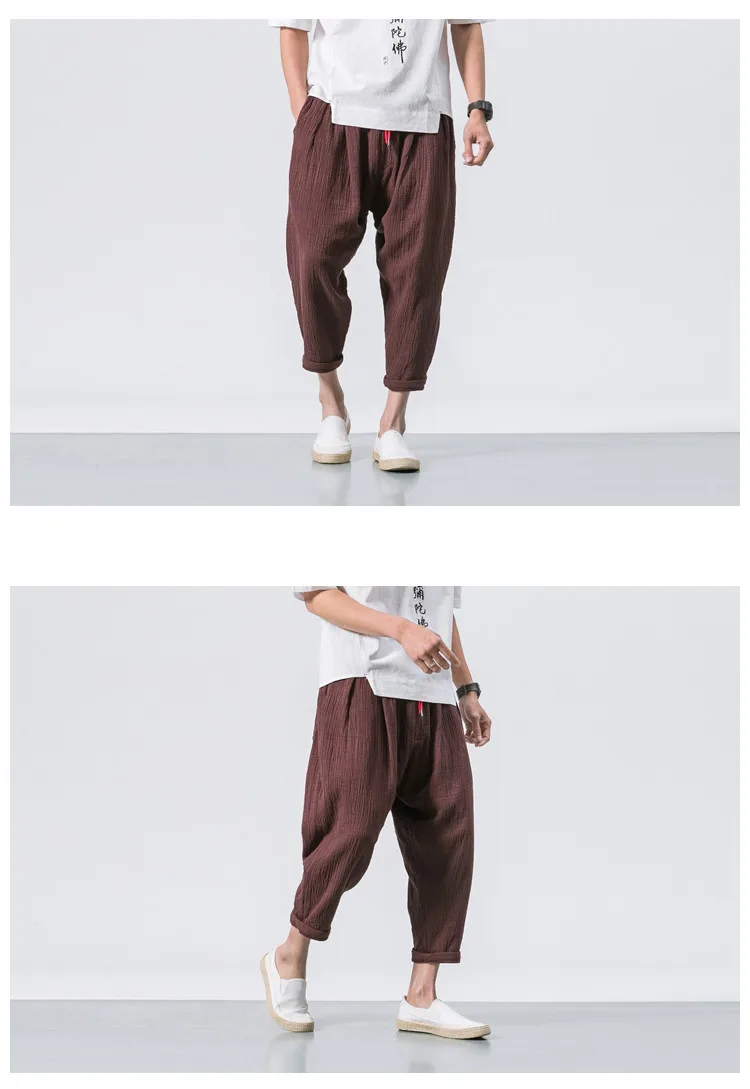 JDDTON New Men Summer Cotton Linen Harem Pants Fashion Low Gear Baggy Casual Loose Cropped Pants Drawstring Male Trousers JE076 high waisted harem pants