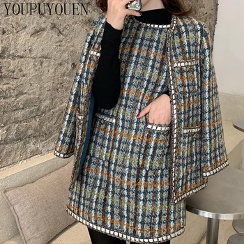 

Fashion Plaid Coat Dress 2 Piece Set 2020 Spring Elegant Women Tweed Blazer Suit Ladies Cardigan Coats Knitted Two Pieces Sets