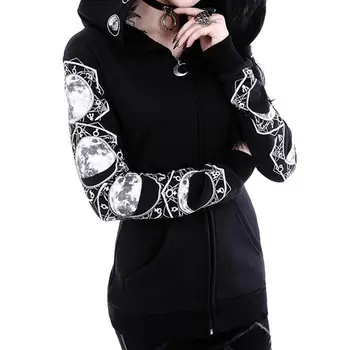 

Women Fashion Moon Print Zipper Pocket Coat Long Sleeve Hooded Jacket Sweatshirt
