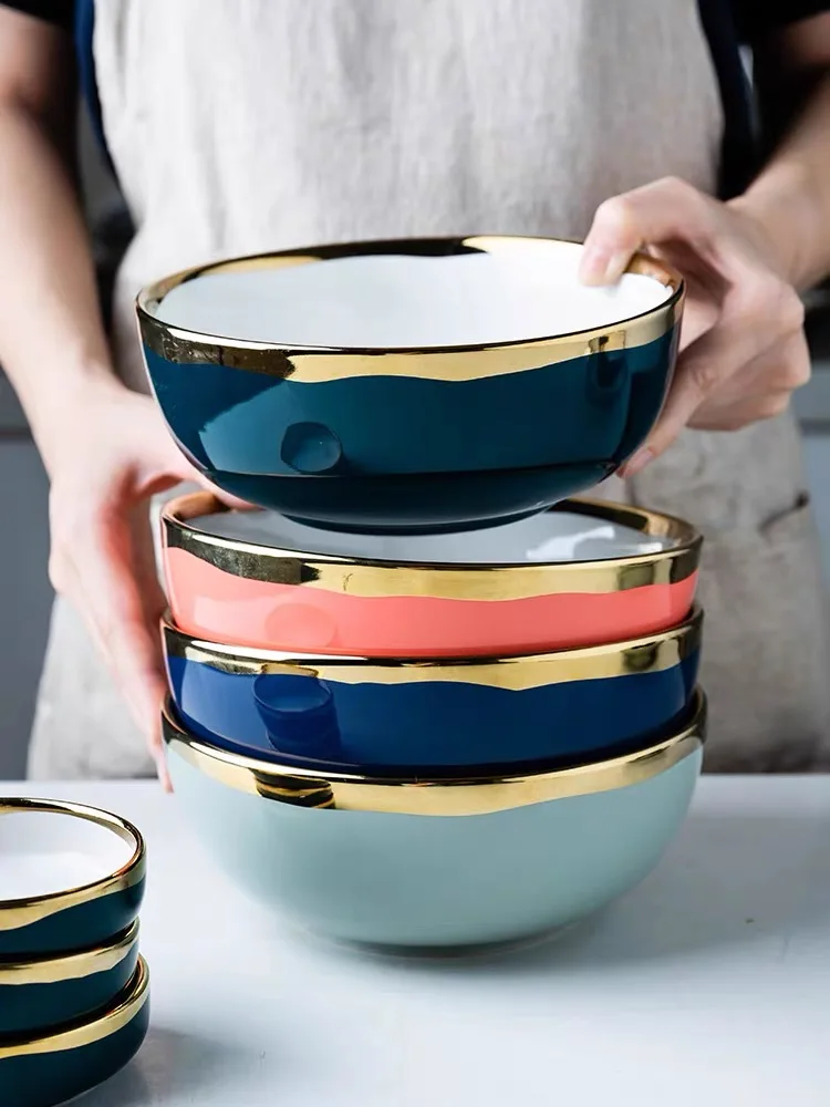 Новый элемент набор обеденных тарелок с золотым краем керамические тарелки