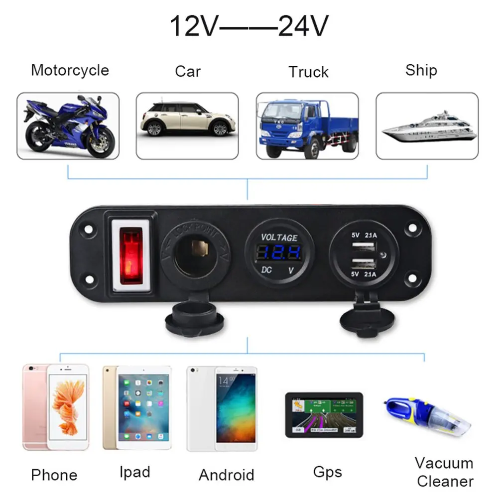 

Waterproof Car Rv Car And Motorcycle Modified Car Charge Cigarette Lighter Socket Electric Seat Switch Double Usb Charger