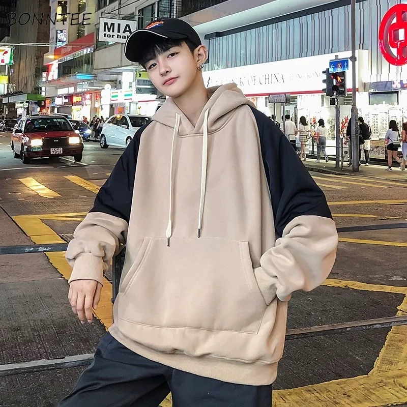 Spring Korean Streetwear Patchwork Crew-Neck Hoodie for Men