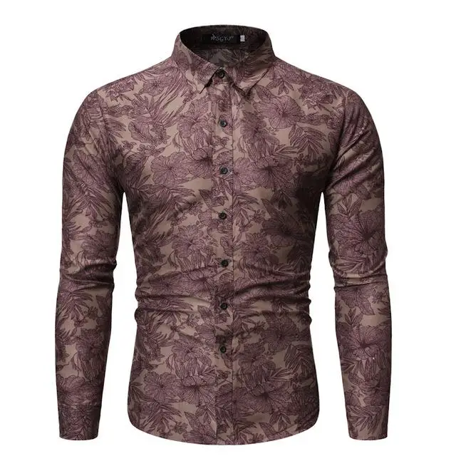 CS64 brown Новая мужская рубашка с принтом, модная Клубная одежда для мужчин, дизайнерская брендовая рубашка с цветочным принтом, тонкие вечерние рубашки с длинным рукавом, большие размеры - Цвет: CS64 brown