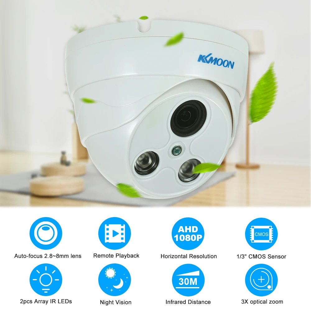 

KKmoon 1080P AHD Dome CCTV Camera 2.0MP 1/3 CMOS 2.8-8mm Auto-focus Lens 2pcs Array IR LEDS Night Vision IR-CUT Indoor