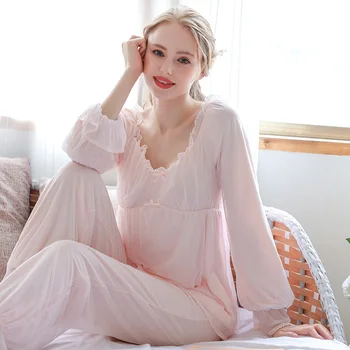 

Autumn Winter Vintage Style Pajamas Women Cotton Mesh Sexy Nightwear Long Sleeve Tops+pants Sleepwear Suit Female Soft Homewear