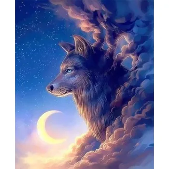 

Painting By Numbers Kit DIY Moon Wolf Hand Painted Canvas Oil Art Picture
