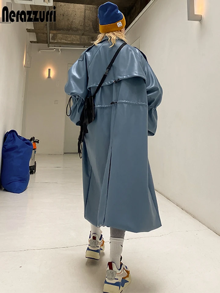 Nerazzurri Autumn Oversized blue long leather trench coat women