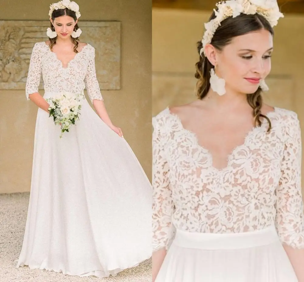 

Bohemian Wedding Dress 2020 Simple Beach Lace Floor Length Boho Bridal Gowns Chiffon Sexy V-Neck Cheap robe de mariage Graceful