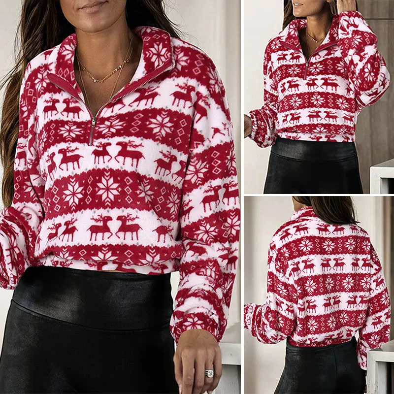 

Women Christmas Deer Print Top Plush Lapel Loose Long-Sleeved Zipper Casual Loose Pullover Crop Tops