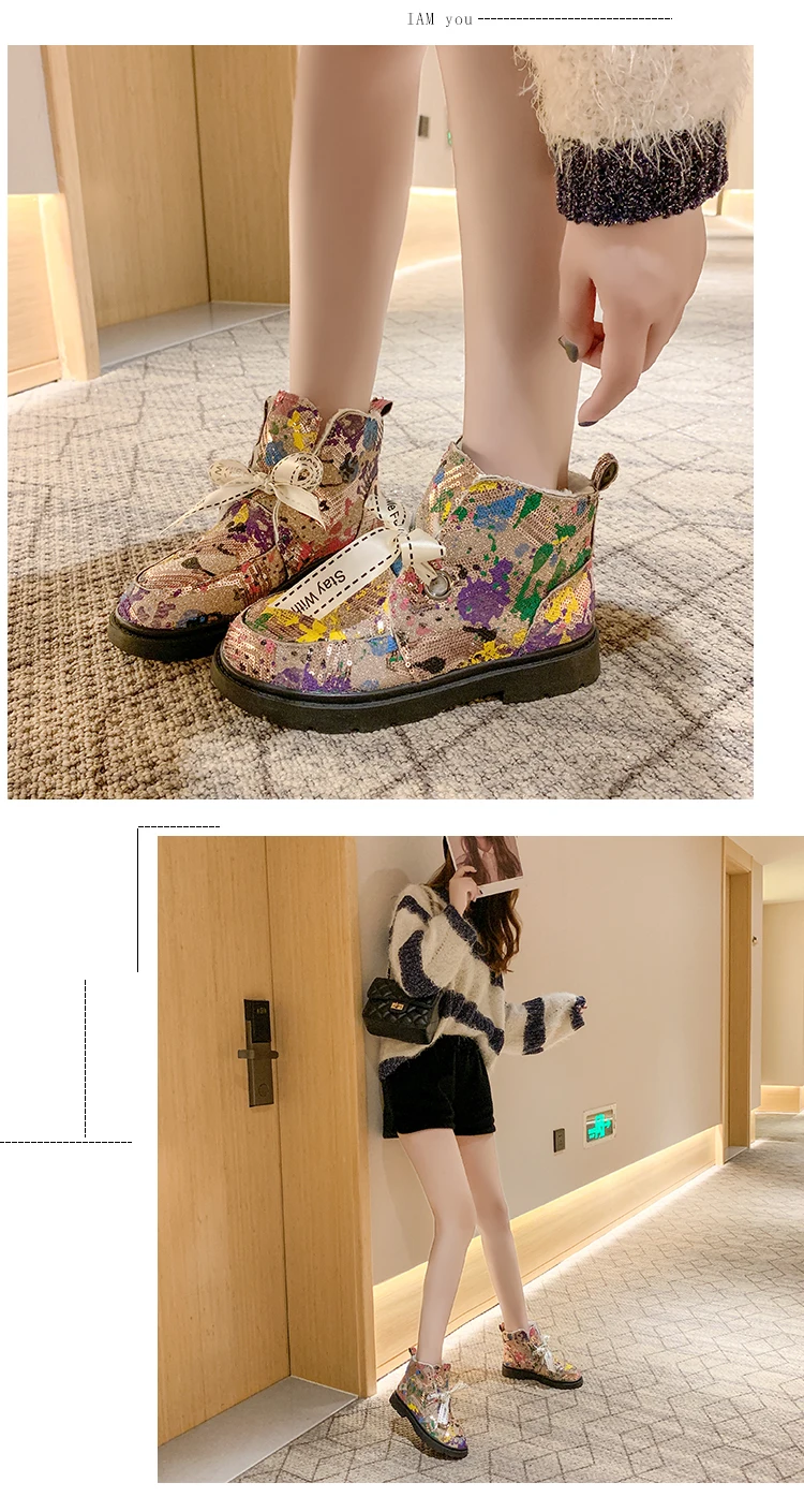 Новые женские ботильоны, Размеры 35-40 зимняя модная разноцветная обувь с пайетками Женские повседневные зимние ботинки на плоской подошве, на высоком каблуке, с кружевным бантом