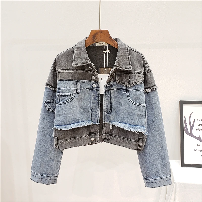 

Women Spring Fashion Denim Splice Hit color Burr Jean jacket High waist Loose Plus size Harajuku Chaqueta mujer Cropped jacket