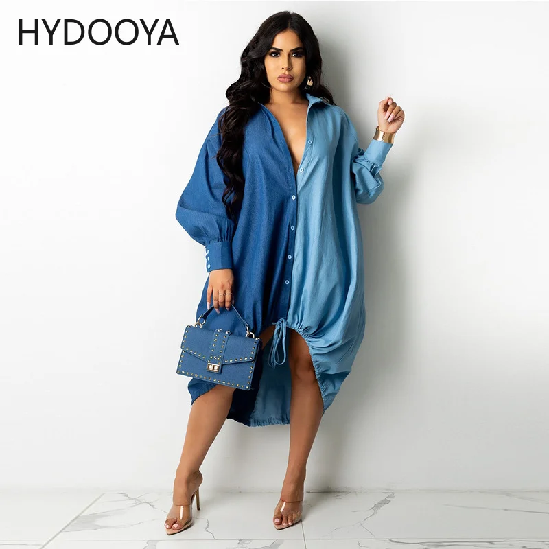 

Plus Size Dress Fall Women's Dresses Casual Long Sleeve Turn-down Collar Loose Midi Shirt Dress Patchwork Wholesale Dropshipping