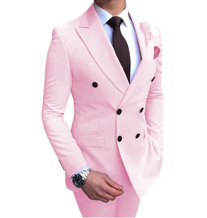 Pink Новинка, повседневный мужской костюм, 2 предмета, двубортный, с отворотом, на плоской подошве, повседневный смокинг для свадьбы(Блейзер+ брюки - Цвет: Pink