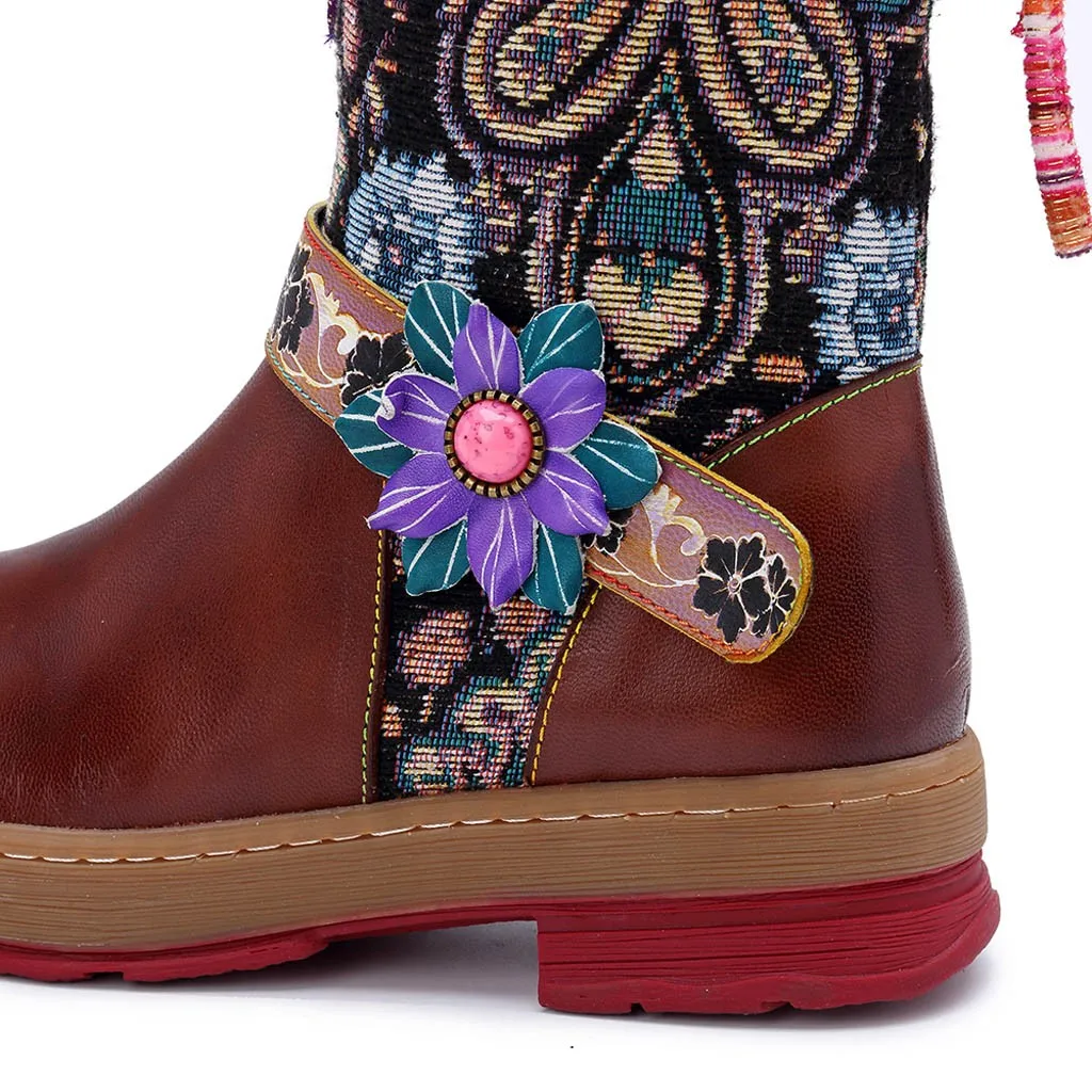 Обувь; модные женские ботинки; zapatos de mujer; женские сапоги до колена ручной работы с цветочным узором и разноцветным узором; обувь до середины икры
