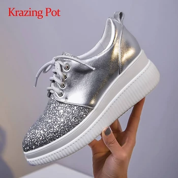 

Krazing pot gladiator real leather patchwork bling thick bottom sneaker pointed toe lace up shiny platform vulcanized shoes L10