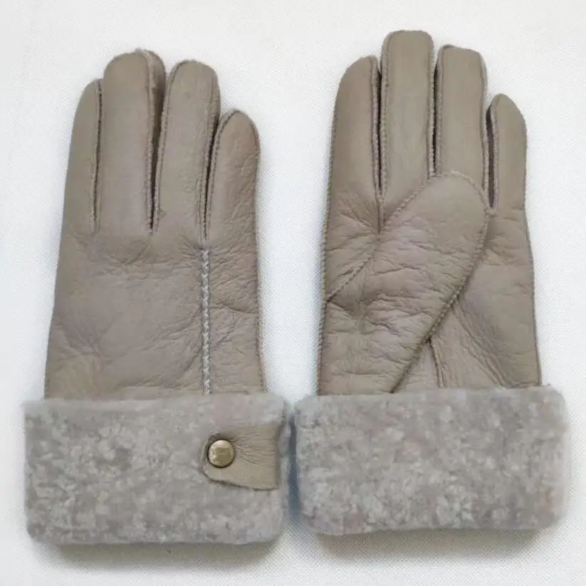 Beige Женские перчатки из овечьей кожи с искусственным мехом, женские теплые зимние перчатки на запястье с пуговицей, женские перчатки черного, бежевого, хаки цвета на весь палец - Цвет: Beige