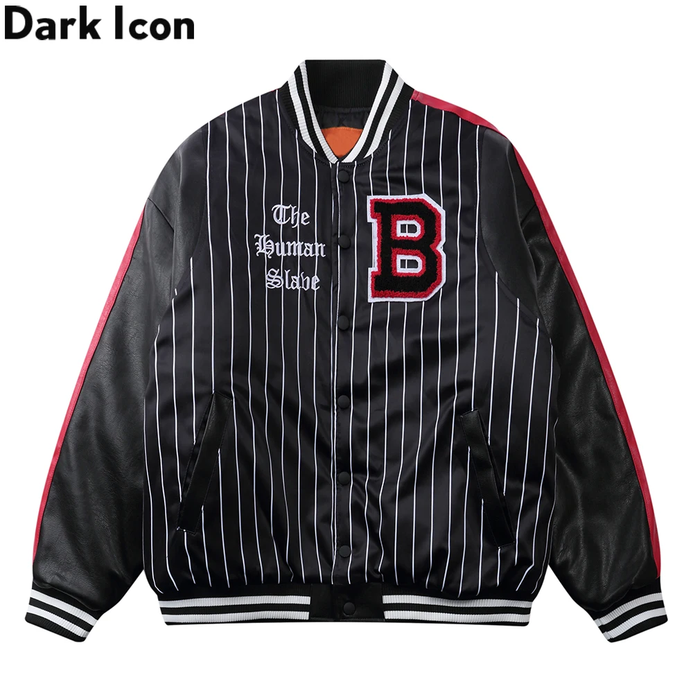 

Dark Icon Striped Embroidery Baseball Coats Men Leather Sleeve Patchwork Men's Parkas Winter Streetwear Clothing