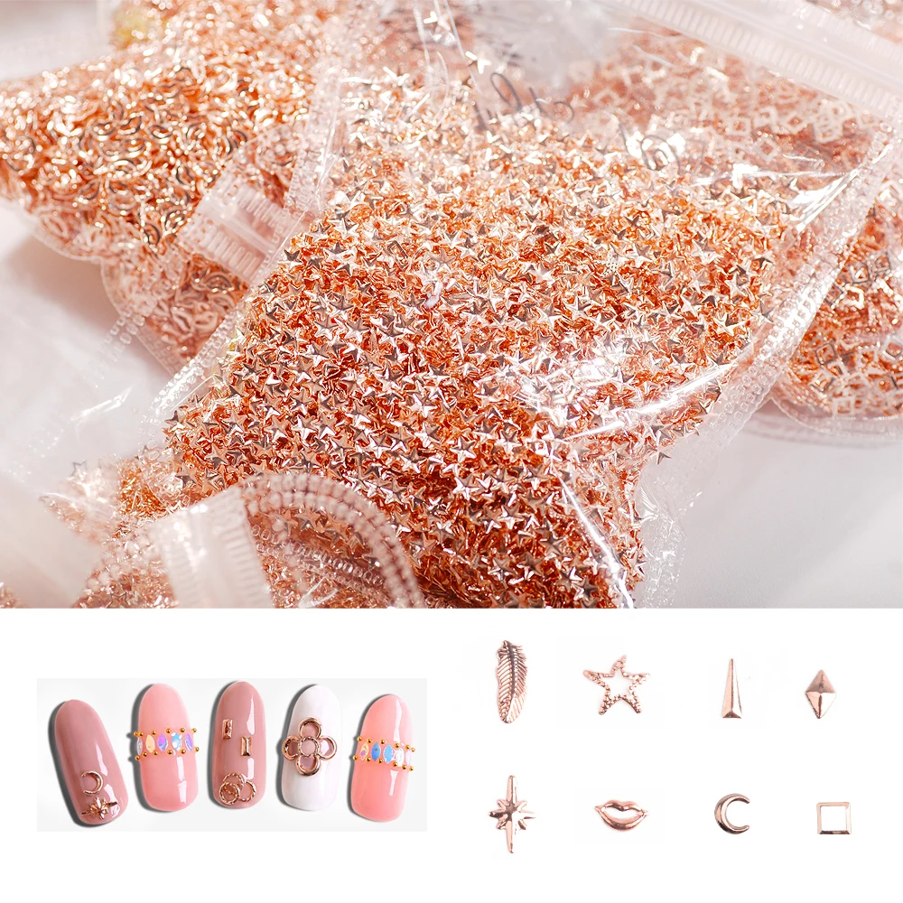 

30 Models Rose Gold Punk Hollow Rivet Nail Art Decoration Star Moon Shape Charms Manicure Tips Sequins 1000pcs