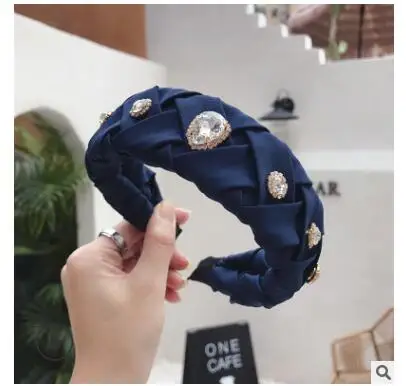 Новинка для женщин, Ретро стиль, ручная работа, перекрестная вязка, повязки на голову, плиссированные, широкие, сплав, стразы - Color: Blue