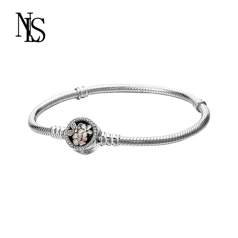 

Pan S925 Silver Poem Flower Bloom Bracelets Enamel Snake Bone DIY Collocation Pendant 590744cz