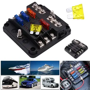 

12V/24V Car Fuse Box Plastic Cover Holder Stud With LED Indicator Light 6 Ways Blade For Car Boat Marine Bus Tricycle RV Van