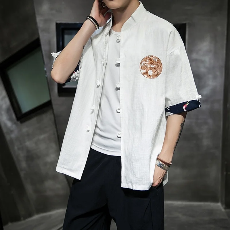 Китайская рубашка, новинка, летний костюм с вышивкой в стиле Тан, Мужская одежда, винтажный стиль, традиционная китайская одежда для мужчин, KK3275