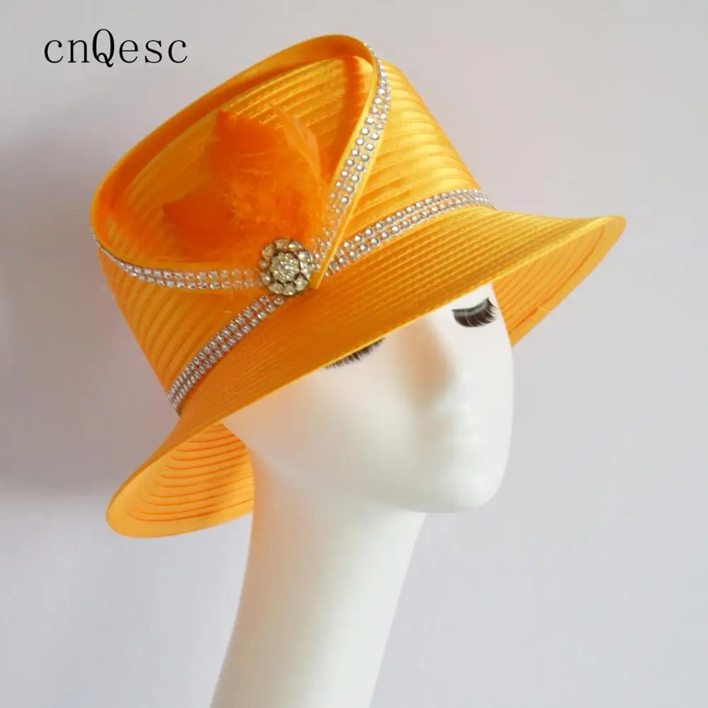 Оранжевая женская официальная шляпа атласная шляпа украшение с перьями для Кентукки Дерби церкви