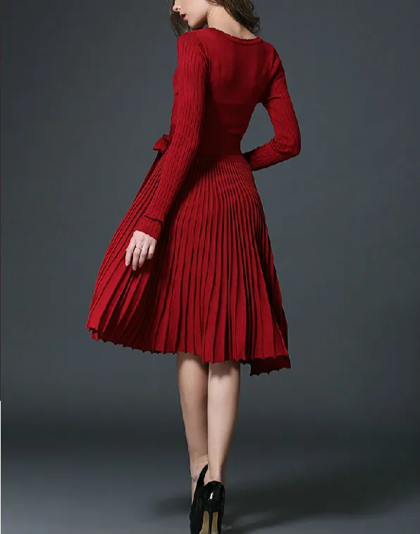 

2020 Autumn Winter New Solid Sexy V-neck Long-sleeved Lace Mid-length Knitted Elegant Slim Pleated Party Dress Women's Clothing