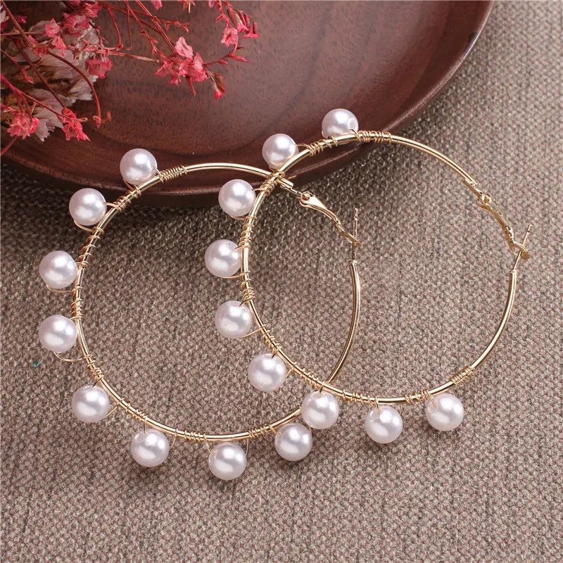 New Simple Big Pearl Earrings Ring Gold Metal Pearl Round Earrings Fashion Circle Statement Earrings for Women Party Jewelry - Image 5