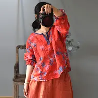 Women Ramie Printed Blouse Tops Female Vintage Print Ramie Latern Sleeve Shirts Ladies 2020 Spring Summer Ramie Shirt Tops 1
