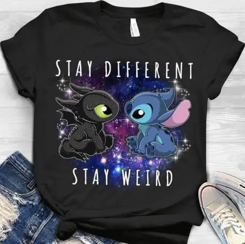 Stitch and Toothless Stay Different Weird T Shirt Black Cotton Men S-3XL |