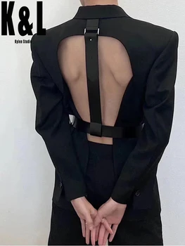 

K&LNiche design black long-sleeved suit jacket autumn new high street neutral minimalist style back hollow stitching belted suit