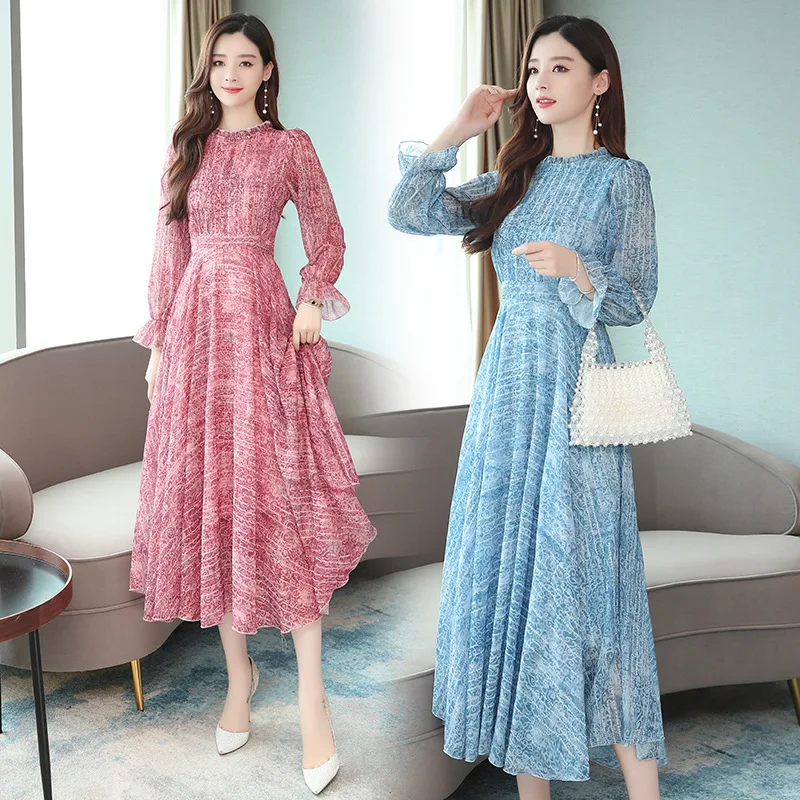 

Chiffon Printed One-piece Dress Women's 2019 Early Autumn Vintage Stand Collar Waist Hugging Frilled Puff Sleeve Mid-length A- l